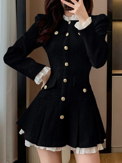 Vestido corto a cuadros de tweed para mujer, moda Otoño Invierno, nuevo, plisado, con una sola botonadura, elegante y chic.