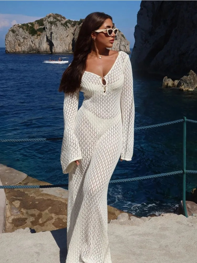 Crochet Beach Maxi Dress Women’s Sexy Knitted Hollow Bikini Swimsuit Cover-Up Sun Protection Dress See Through Slim Lady