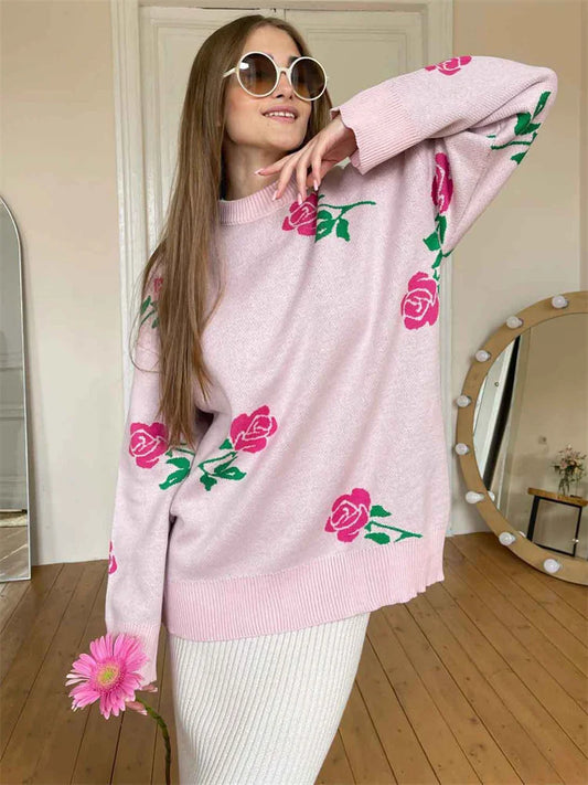 Autumn Knit Sweater Pullover Women’s Printed Long Sleeve High Waist Ribbed Fashion Loose Knitwear Top Female Sweater