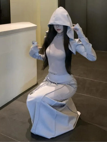 Conjunto de falda de 3 piezas de otoño Y2K para mujer, cárdigan corto con capucha de manga larga, chaleco, falda larga, ropa de calle sexy para fiesta y club Harajuku, nuevo