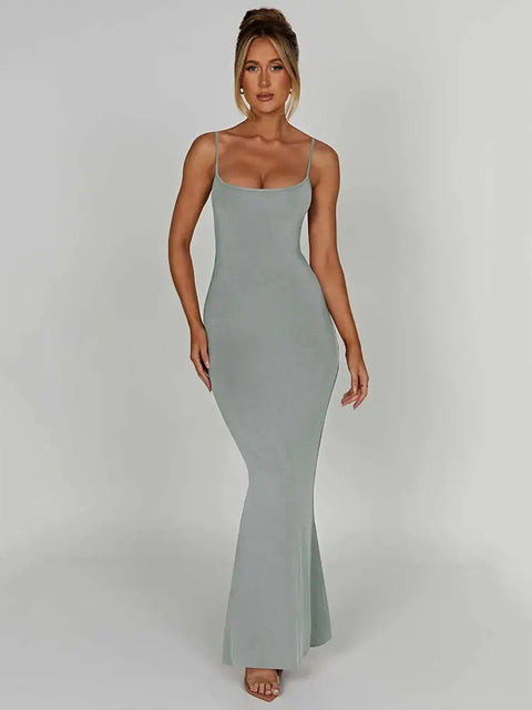 Sexy Spaghetti Strap Backless Bodycon Women Maxi Dress Slim Elegant Party Club Female Vesidos Solid Street Evening Dress