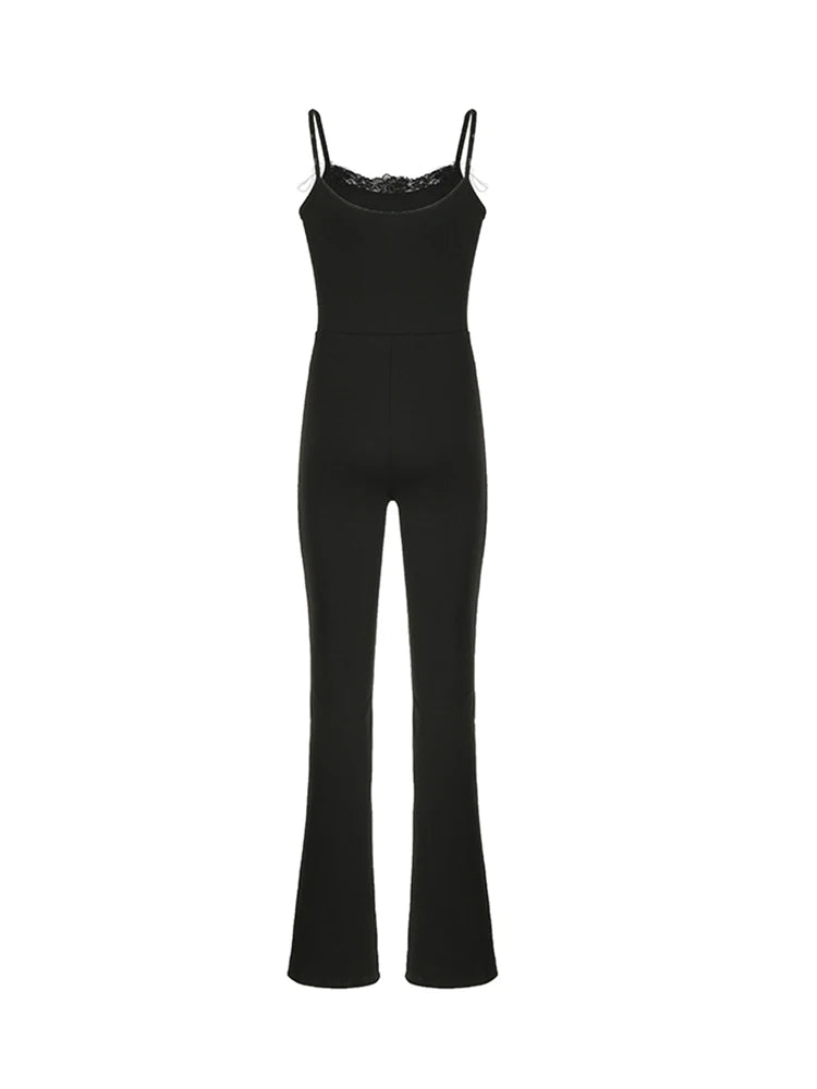 Black Solid Sleeveless Skinny Sexy Flared Jumpsuits Women Lace Trim Tie Bow Cute Sweet Y2K Slip Rompers