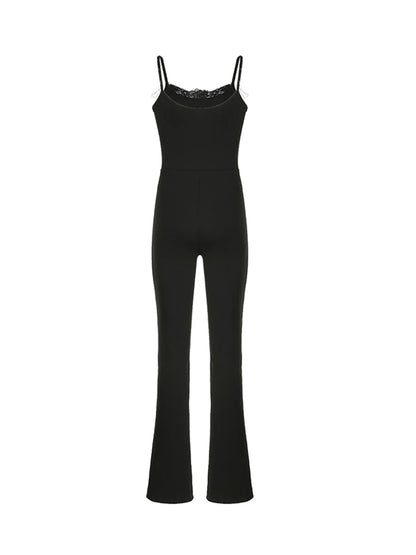 Black Solid Sleeveless Skinny Sexy Flared Jumpsuits Women Lace Trim Tie Bow Cute Sweet Y2K Slip Rompers