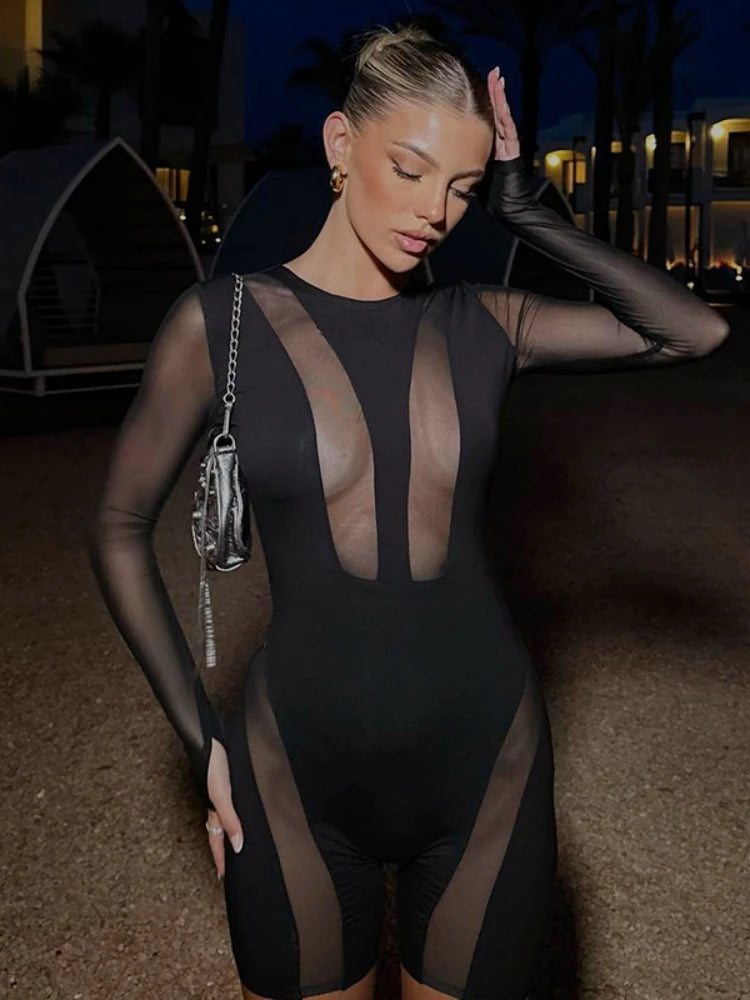 Black Bodycon Jumpsuits One Piece See Through Overalls for Women Club Outfits Knee Length Playsuit Long Sleeve Sexy Romper