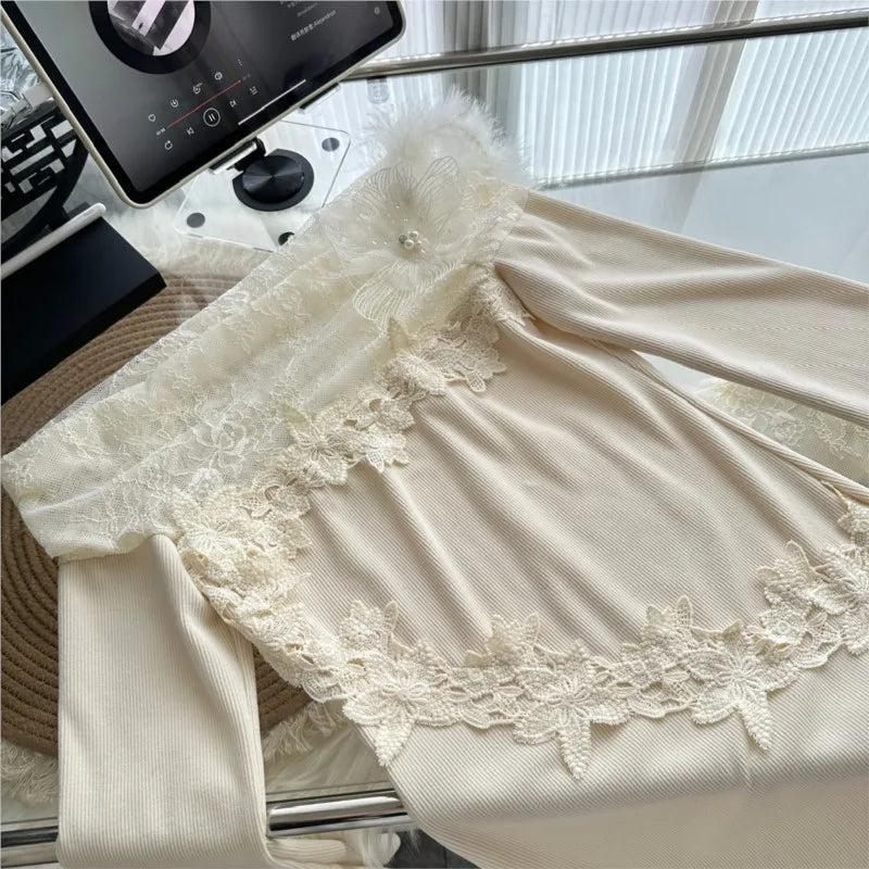 Vestidos de punto nuevos de otoño e invierno para mujer, cuello alto, manga acampanada, encaje de retazos, corte sirena, moda coreana, Vestidos para mujer