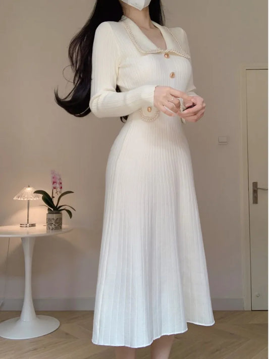 Autumn Winter Knitted Dresses for Women Turn-down Collar Korean Fashion A-line Casual Solid Dress Slim Vestidos Mujer  New