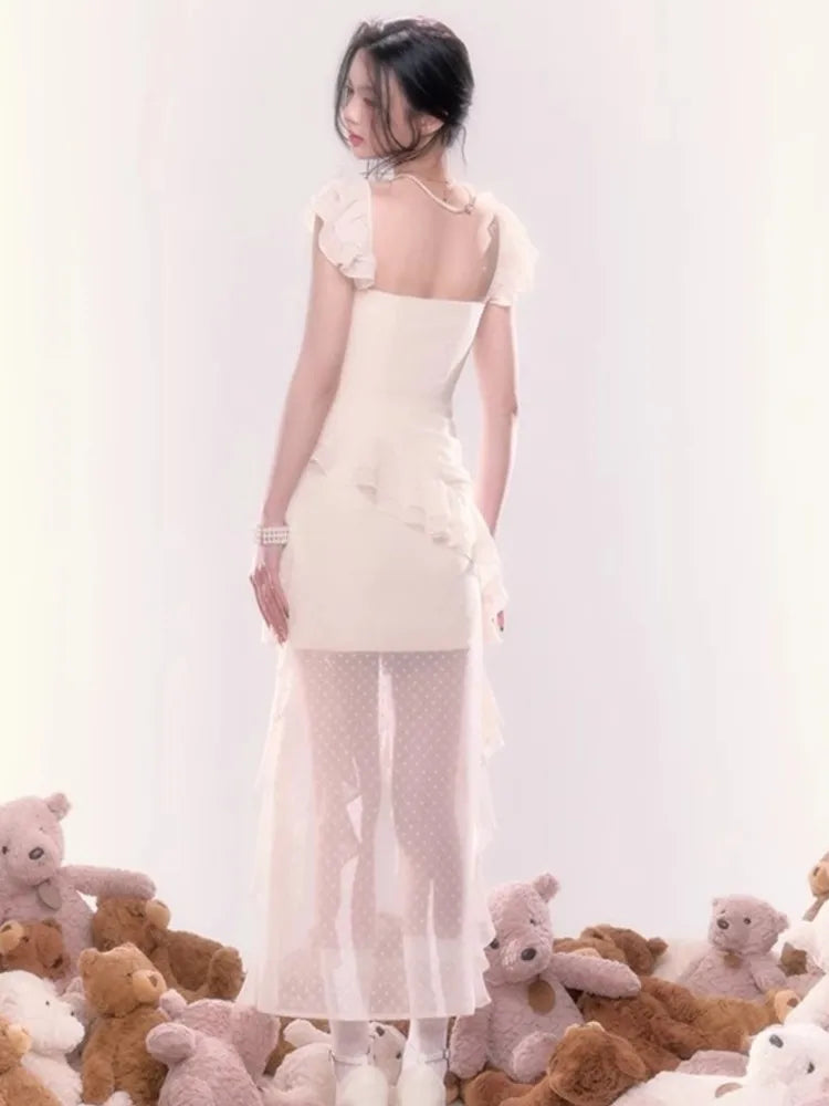 Y2K Irregular Ruffles Midi Dresses for Women Sleeveless Birthday Party Dress Prom Robe Korean Chic Summer New One Piece Vestido