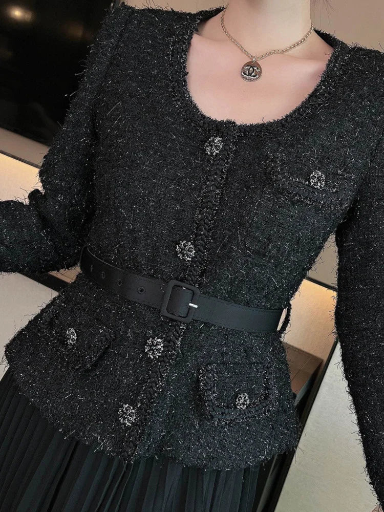 Vintage Beading Buttons O-neck Black Dress With Belt Summer  Women Evening Dresses Ladies Wedding Party Clothes Tide