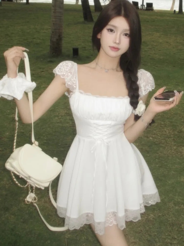 Y2K Lace Princess Party Dress Sexy Spaghetti Strap Square Collar Ruffles A-line Short Dresses for Women Prom Summer Mini Vestido