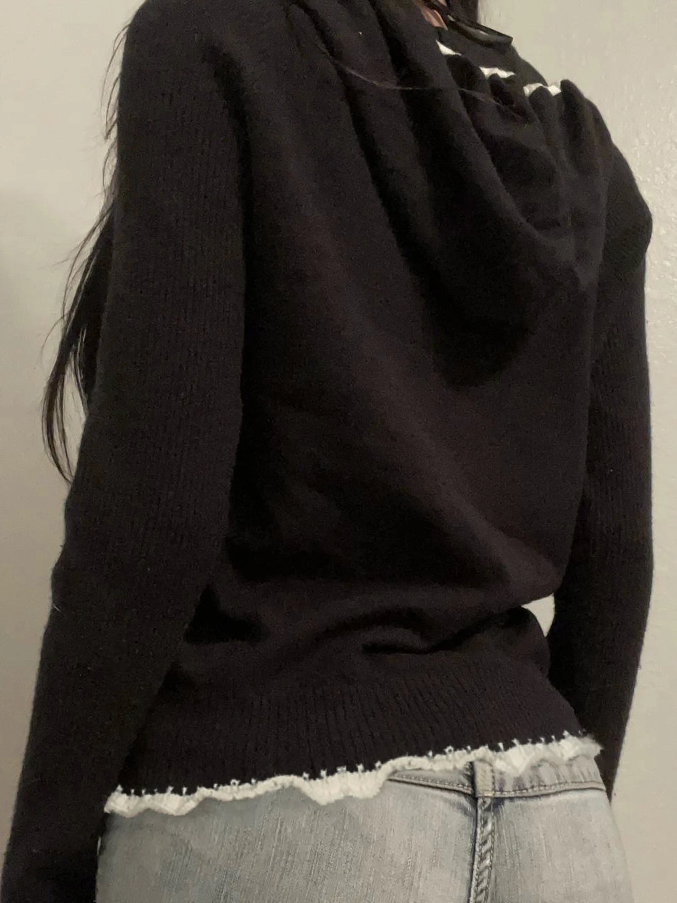 Suéter de punto con ribete de encaje negro para mujer, cárdigan de otoño e invierno, abrigo nuevo, básico, dulce, combinable, a la moda.