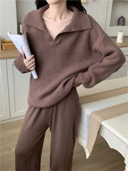 Conjunto de dos piezas de punto para mujer, jersey de solapa, pantalones largos, moda coreana, ropa informal para mujer, prendas de punto nuevas