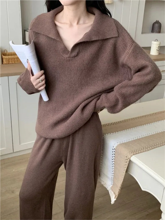 Conjunto de dos piezas de punto para mujer, jersey de solapa, pantalones largos, moda coreana, ropa informal para mujer, prendas de punto nuevas