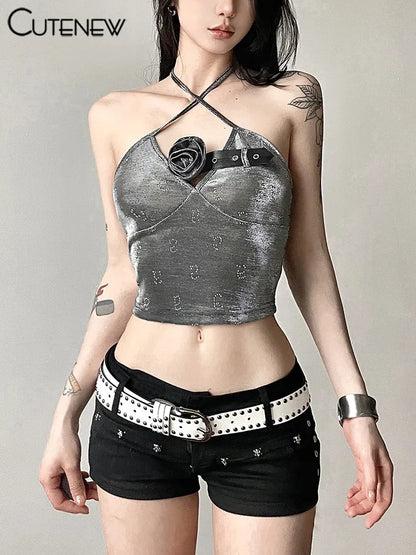 3D Patchwork Camisole Women Summer Shiny Stunning Halter Bandge Skinny Bare Midriff Top Girls Solid Sexy Party Wild Wear