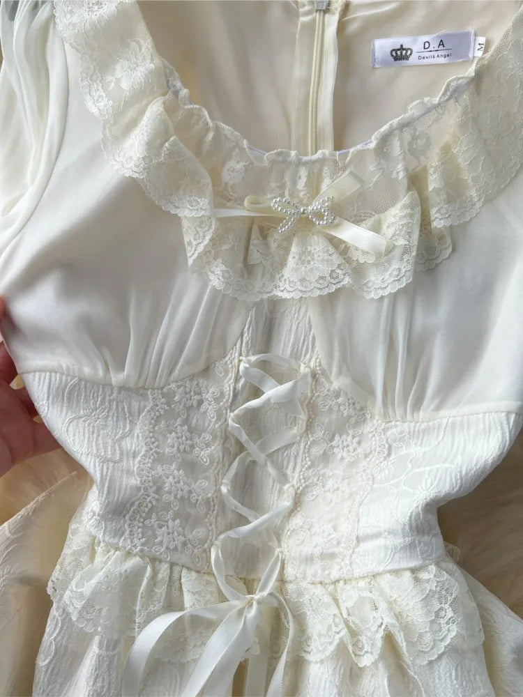 Autumn Elegant Wedding Princess Party Dress Women Korean Jacquard Fairy Vintage Lace-up Lantern Sleeve Dresses Vestidos