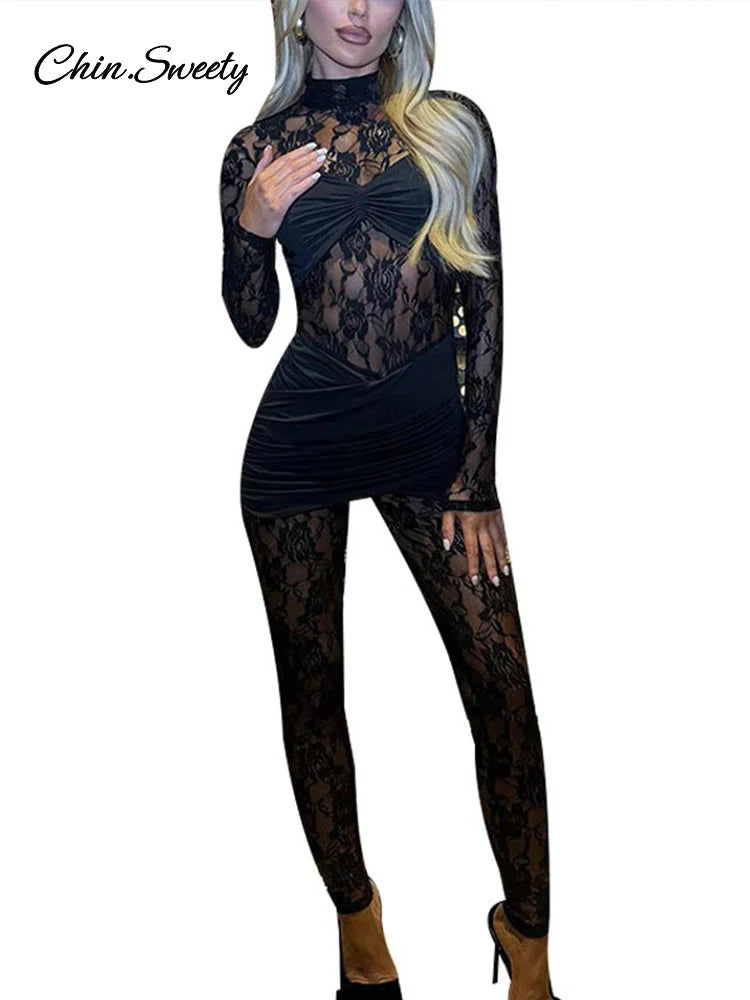 Mono sexy de encaje de manga larga de una pieza para mujer, mono ajustado con cuello alto, mono transparente para fiesta y club, primavera 2025