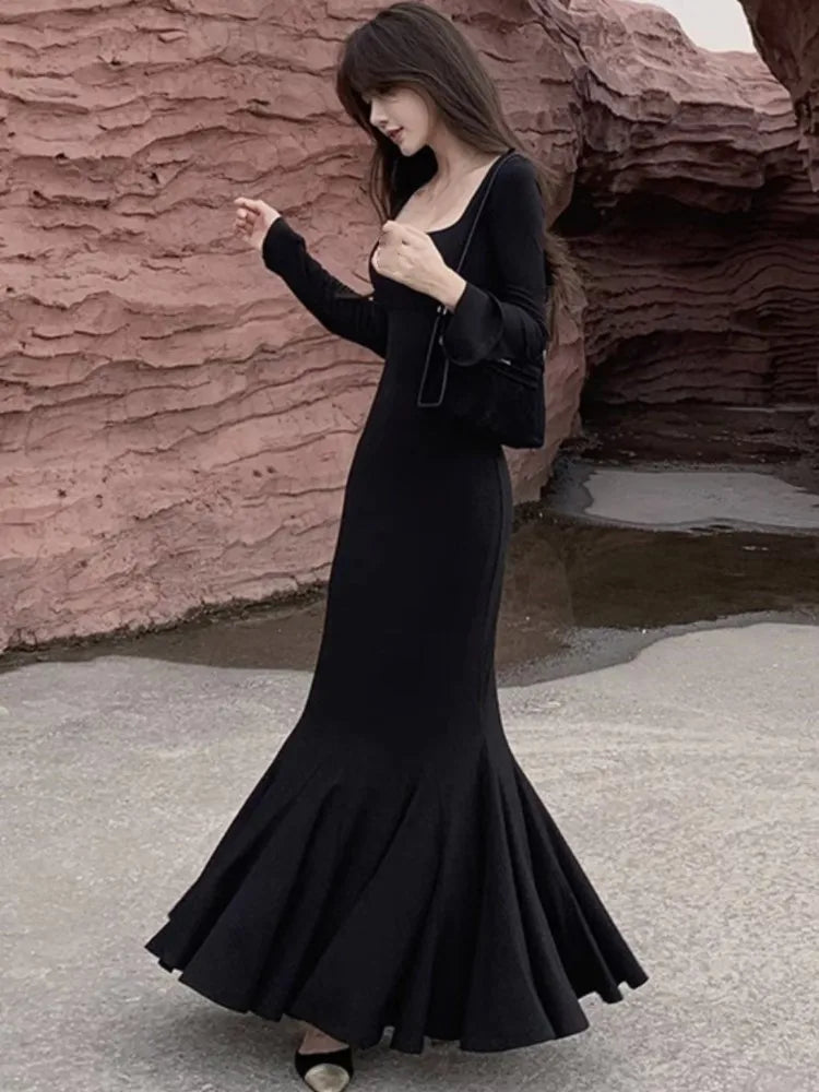 Vestidos largos de moda de otoño para mujer, mangas largas, cuello cuadrado, estilo coreano, corte entallado, sirena, elegantes, básicos, lisos, nuevos