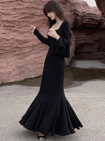 Vestidos largos de moda de otoño para mujer, mangas largas, cuello cuadrado, estilo coreano, corte entallado, sirena, elegantes, básicos, lisos, nuevos