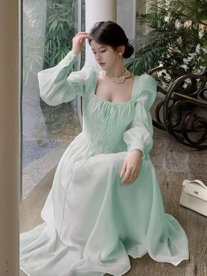 Vestidos midi de princesa de otoño para mujer, cuello cuadrado, cintura estrecha, mangas abullonadas, ropa vintage elegante para mujer, vestido de una pieza