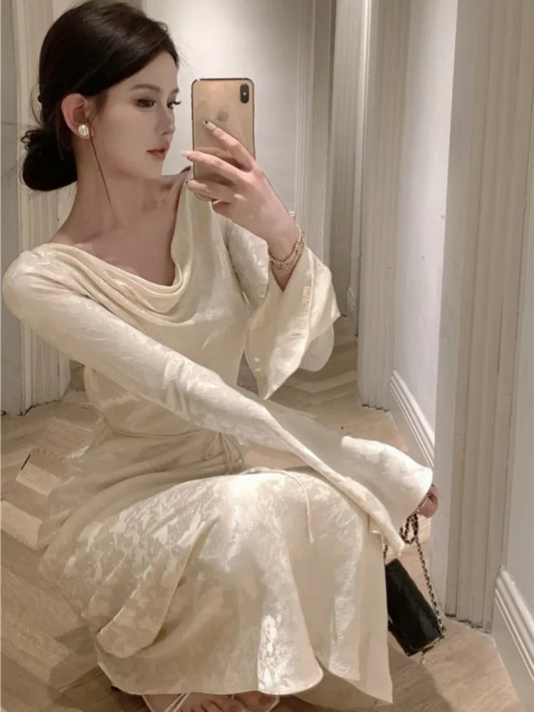 Autumn Bodycon Wedding Evening Dresses for Women Flare Sleeve Swinging Collar French Vintage Prom Robe Midi Vestidos Mujer New