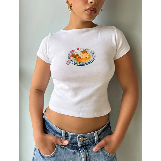 Camiseta de bebé Y2K para mujer, top corto con cuello redondo y manga corta, chaleco informal, ropa estética de los años 2000, ropa de calle