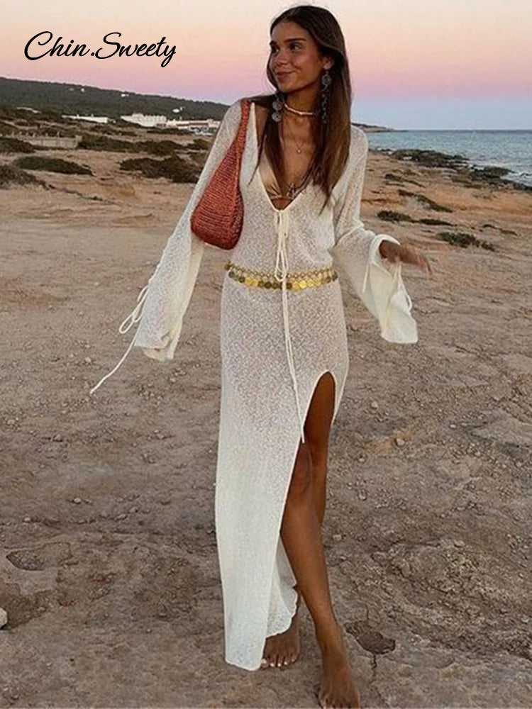 Beach V-neck Long Dress Women White Knitted Lace Up See Through High Slit Maxi Dresses 2025 Summer Lady Holiday Vacation Robes