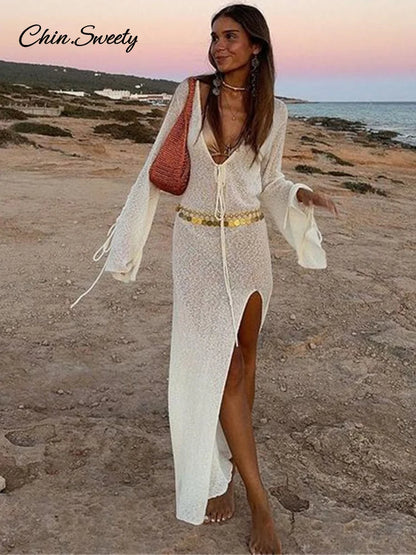 Beach V-neck Long Dress Women White Knitted Lace Up See Through High Slit Maxi Dresses 2025 Summer Lady Holiday Vacation Robes