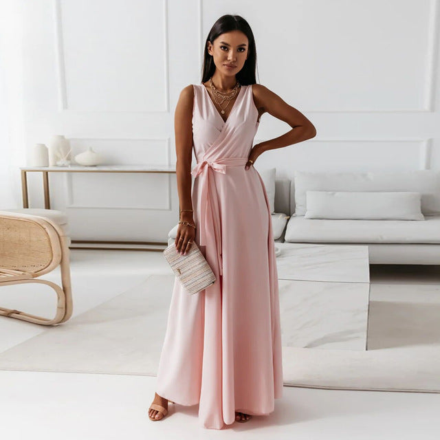 2025 Dresses For Women White Sleeveless Sexy Loose V Neck Solid Color Long Dresses Elegant Party Evening Robe Vestidos