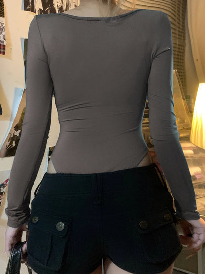 Autumn Hotsweets Slim Long Sleeve Bodysuit Women Simple Lace Trim Square Collar Bow Rompers s Trendy Clothing