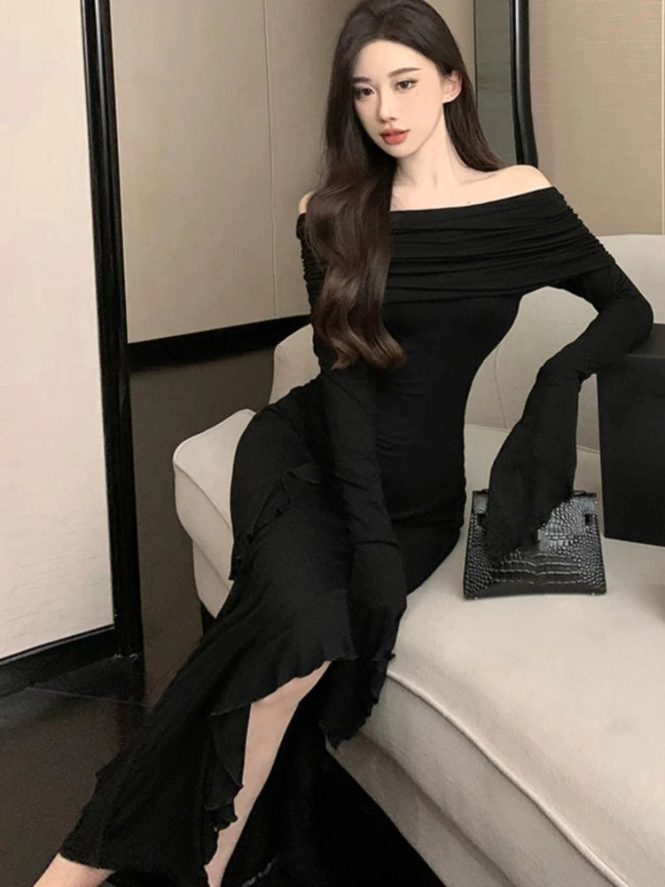 Sexy Bodycon Evening Dresses for Women Long Sleeves Slash Neck Ruffles High Slit Slim Korean Fashion One Piece Vestidos Mujer