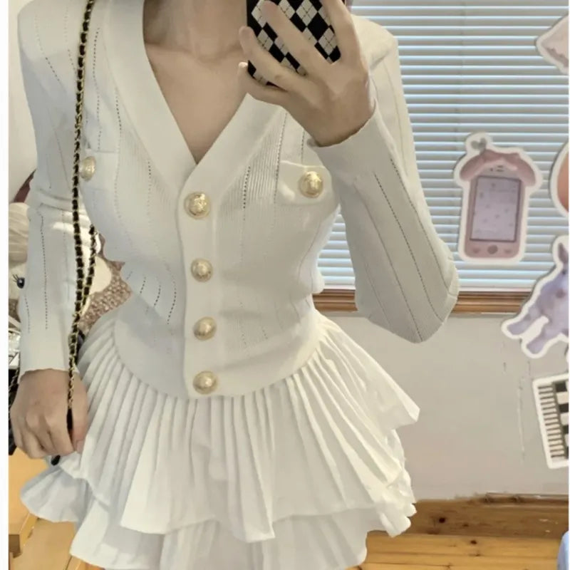 Autumn Korean Fashion Knitted Two-piece Skirt Set Women Casual Single Breasted V-neck Sweater Mini Ruffles Skirt Y2K New Outfits