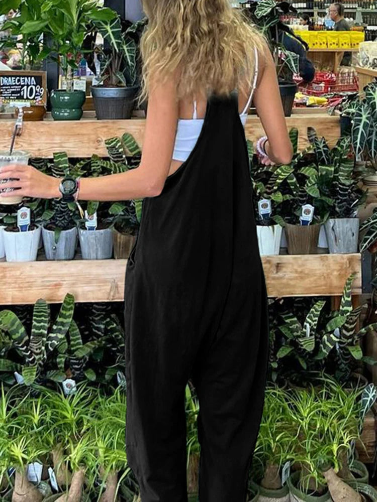 Monos de mujer con tirantes y bolsillos holgados estilo hippie, estilo informal, ropa de calle
