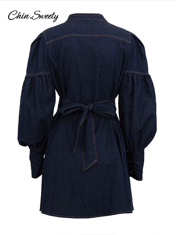 Casual Women’s Denim Blue Mini Dresses O-neck Long Sleeved Cinched High Waist Lace Up Dresses 2025 Spring Lady A-line Vestidos