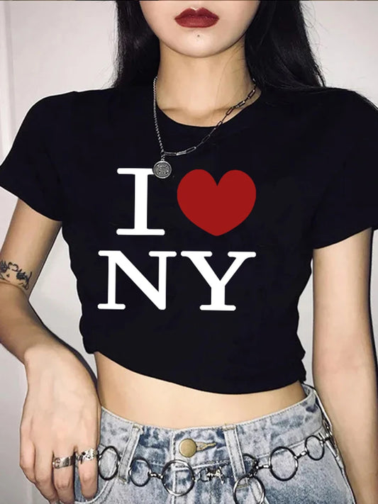 Camiseta de verano Y2K con cuello redondo, manga corta, letras estampadas, ombligo abierto, para mujer europea y americana