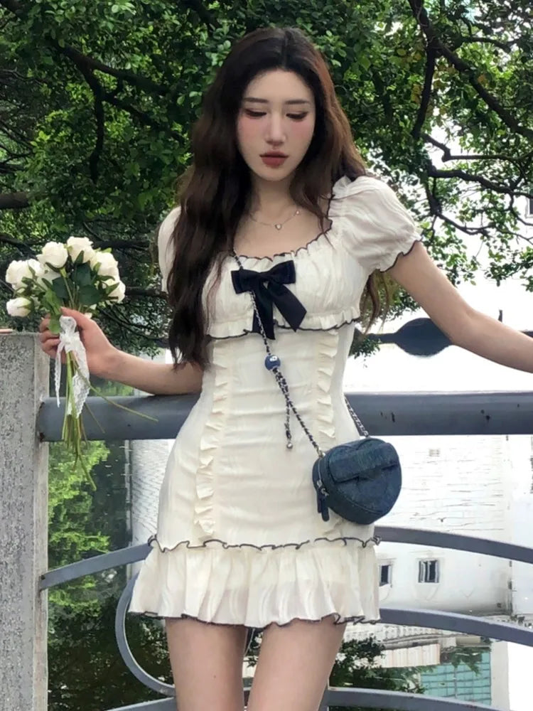 Vestidos cortos con volantes Y2K para mujer, vestido ajustado con hombros descubiertos y mangas abullonadas para fiesta de cumpleaños, moda coreana, nuevos vestidos de verano para mujer