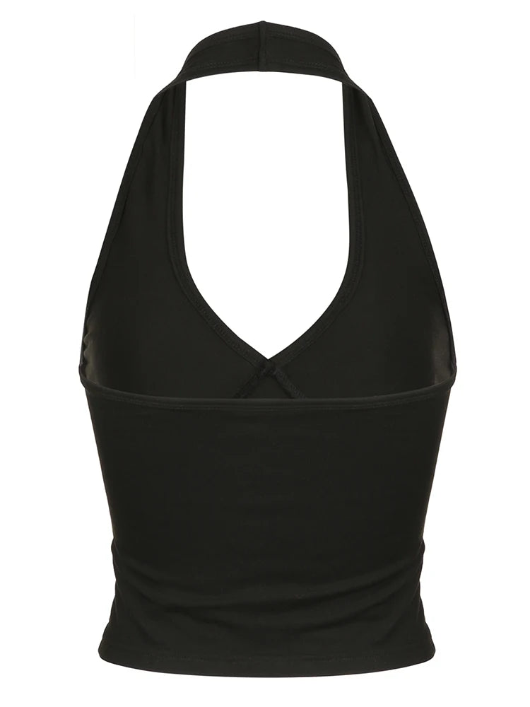 Tops halter sexys sin espalda para mujer, camiseta sin mangas ajustada con cuello en V básica lisa negra, top corto elegante, camisetas de calle de verano