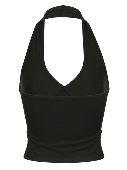 Tops halter sexys sin espalda para mujer, camiseta sin mangas ajustada con cuello en V básica lisa negra, top corto elegante, camisetas de calle de verano