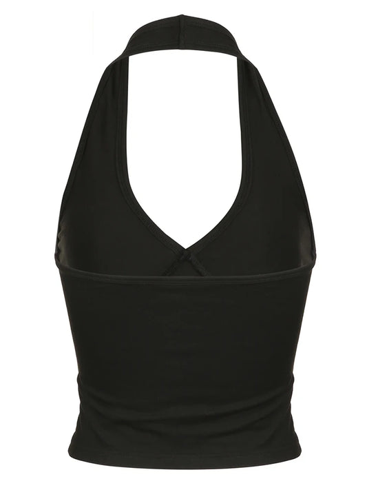 Backless Sexy Halter Tops Women Black Solid Basic V Neck Slim Tank Vest Elegant Crop Top Rave Summer Streetwear Shirts