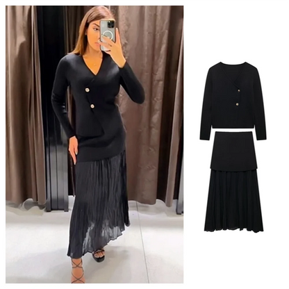 Autumn New Women’s Clothing Style Slimming Asymmetric Knitted Coat Small Folded Splicing Skirt Set