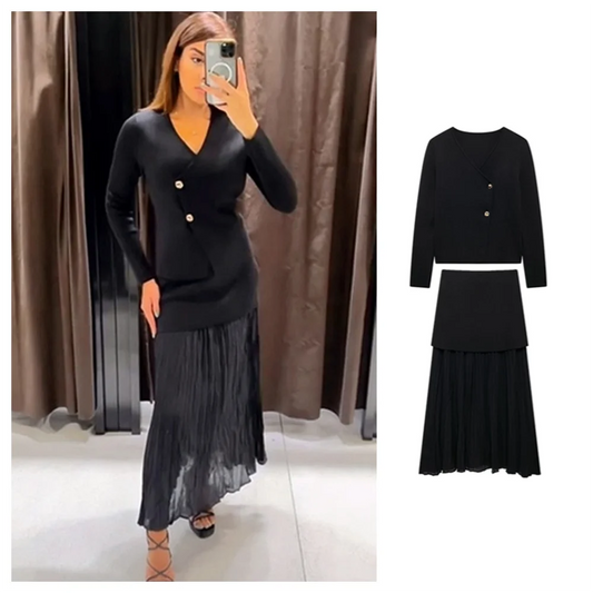 Autumn New Women’s Clothing Style Slimming Asymmetric Knitted Coat Small Folded Splicing Skirt Set
