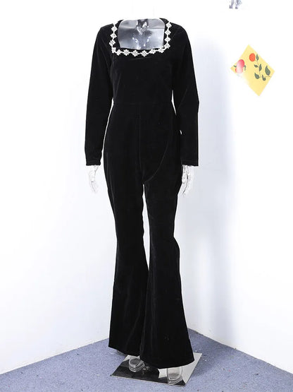 Black Beaded Velvet Jumpsuits For Women One Piece Long Sleeve Square Collar Full Length Jumpsuit Christmas Evening Party Gown