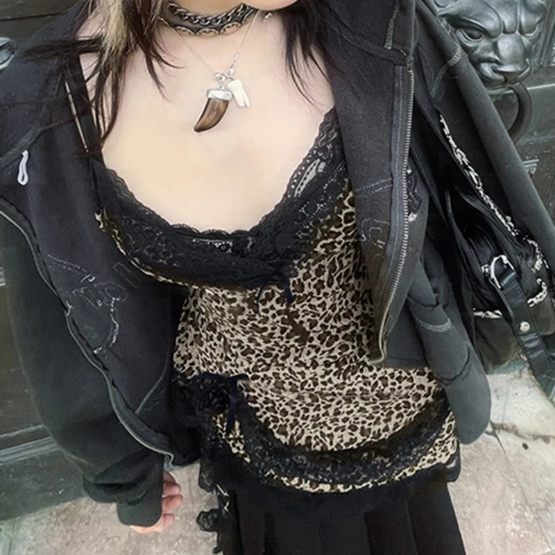 Camisola de encaje de leopardo con retazos estilo gótico Y2K, estilo urbano, con escote en V y lazo, estilo chaleco estético de moda para chicas