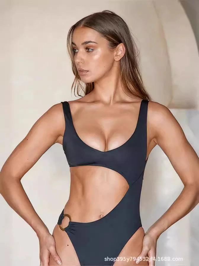 European and American cross-border summer sexy solid color hollow out jumpsuit vacation swimsuit Y2K