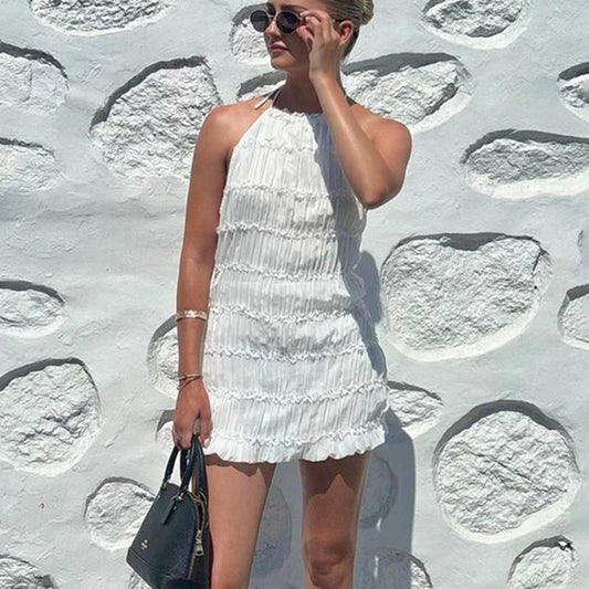 Backless Folds Halter Short Dresses For Women Elegant Sexy Backless Beach Party Mini Dress Lace Up Female Bodycon Clothes