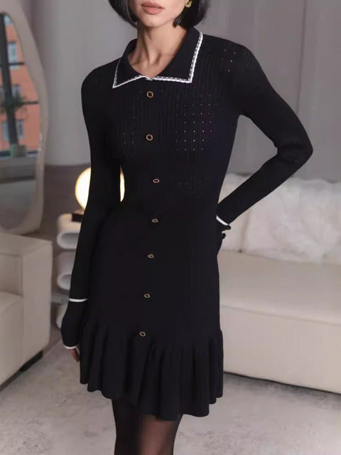 Autumn Long Sleeve Knit Dress For Women Fashion Lapel Single-btrasted Button High Waist Ruffled Mini Dress Knitwear