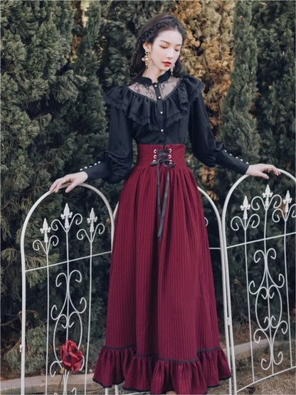 Conjuntos de falda gótica vintage de dos piezas para mujer, blusa con volantes de encaje negro, falda midi con cordones, trajes retro de otoño, atuendos Y2K