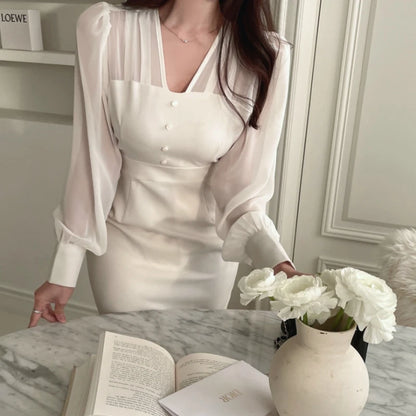 Autumn New Korean Fashion Bodycon Midi Dresses for Women Mesh Patchwork Long Sleeve Fishtail Office Lady Mermaid Party Dress