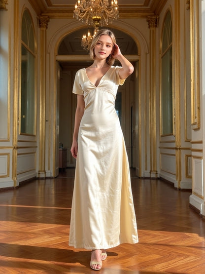 Temperament V-neck High Waist Evening Dress Sexy Backless Solid Sleeveless Elegant Party Dresses 2025 Women’s Hollow Long Dress