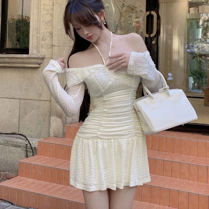 Vestidos cortos elegantes de otoño Y2K para mujer, cuello alto, mangas acampanadas, cordones, corte en A, cintura estrecha, moda coreana, minivestidos