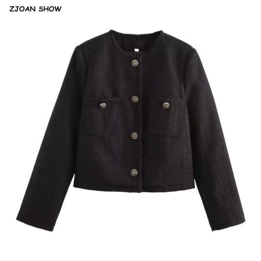 Abrigo de tweed negro de lana suave con cuello redondo para otoño, chaqueta corta vintage con bolsillos delanteros y botones de un solo pecho, chaqueta elegante