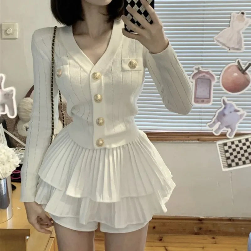 Autumn Korean Fashion Knitted Two-piece Skirt Set Women Casual Single Breasted V-neck Sweater Mini Ruffles Skirt Y2K New Outfits